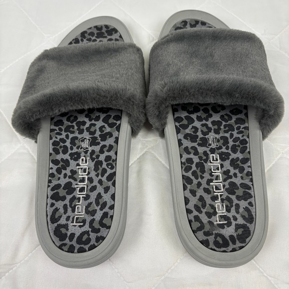 Hey Dude Fuzzy Slide Sandals Leopard Footbed Women's 12 Peggy Grey Cheetah - Picture 3 of 12
